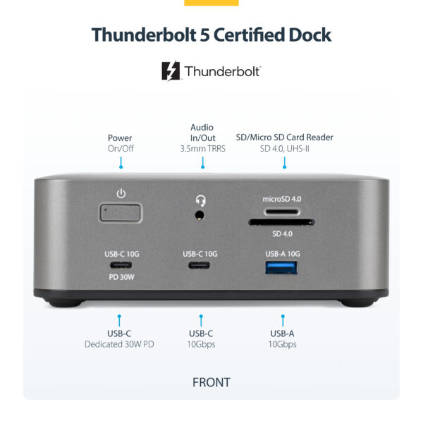 StarTech.com Thunderbolt 5 Docking Station, DP / HDMI, Triple Monitor Dock up to 4K 144Hz or Dual 8K 60Hz, 5x USB Ports, 140W Laptop Charging