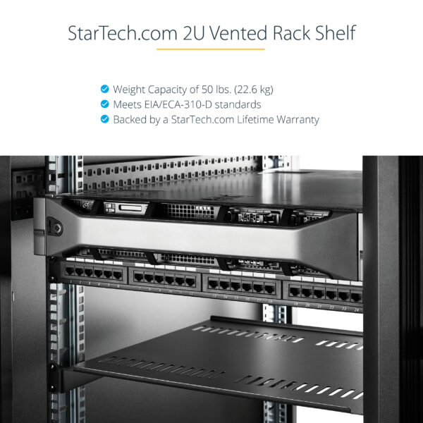 StarTech.com 2U Server Rack Shelf - Universal Vented Rack Mount Cantilever Tray for 19" Network Equipment Rack & Cabinet - Heavy Duty Steel - Weight Capacity 50lb/23kg - 16" Deep Shelf, Black