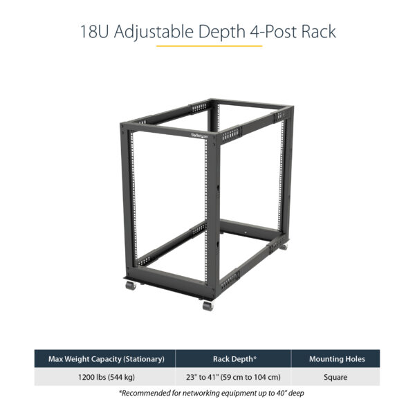 StarTech.com 4-Post 18U Mobile Open Frame Server Rack, Four Post 19" Network Rack with Wheels, Rolling Rack with Adjustable Depth for Computer/AV/Data/IT Equipment - Casters, Leveling Feet or Floor Mounting