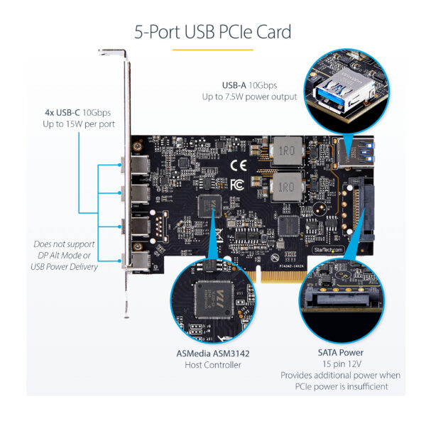 StarTech.com 5-Port USB PCIe Card, USB 3.2 10Gbps, PCI Express Card with 4x USB-C Ports, 1x USB-A Internal Port, USB PCIe Controller Card, Windows/macOS/Linux