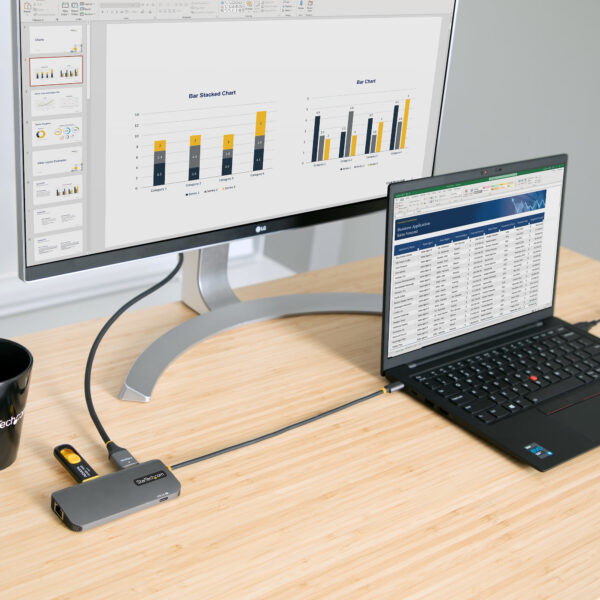 StarTech.com USB C Multiport Adapter, 4K 60Hz HDMI Video, 3 Port 5Gbps USB Hub, 100W Power Delivery Pass-Through, GbE, 12"/30cm Cable, Mini Travel Dock, Laptop Docking Station