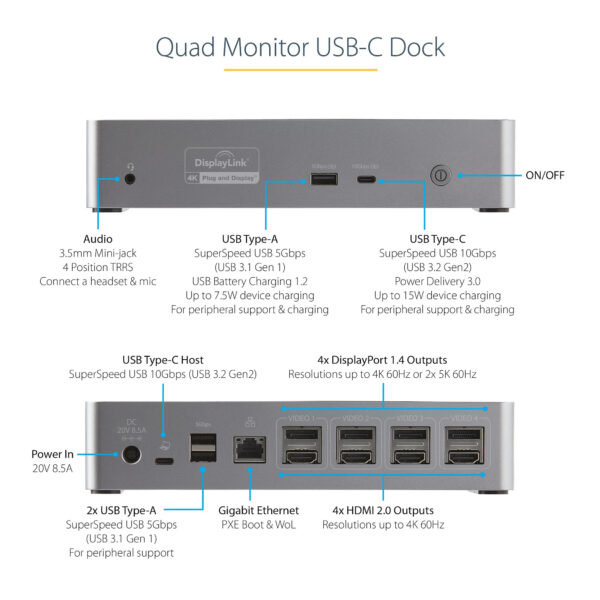 StarTech.com USB C Dock - 4K 60Hz Quad Monitor DisplayPort & HDMI - Universal USB-C Docking Station with 100W Power Delivery - USB Hub with 1x USB Type-C & 3x USB-A, Ethernet, Audio