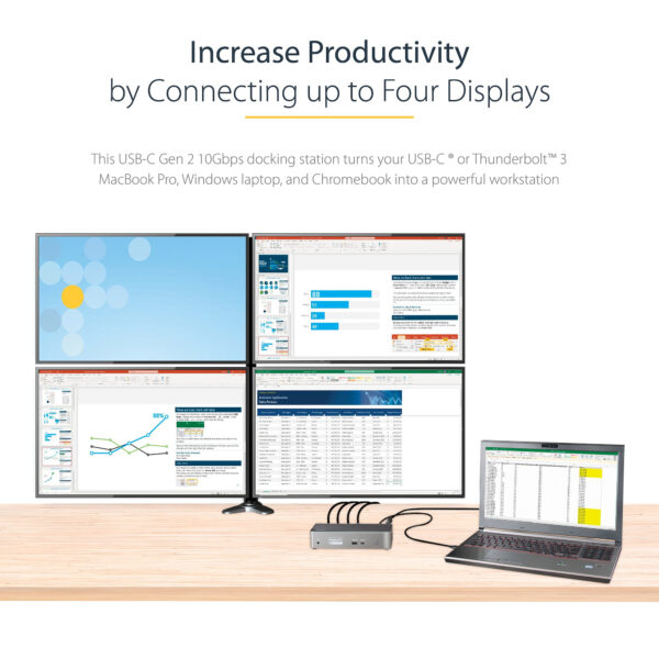 StarTech.com USB C Dock - 4K 60Hz Quad Monitor DisplayPort & HDMI - Universal USB-C Docking Station with 100W Power Delivery - USB Hub with 1x USB Type-C & 3x USB-A, Ethernet, Audio