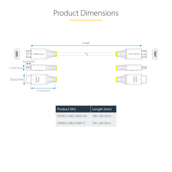 StarTech.com 30cm (1ft) High Speed HDMI Cable, 4K 60Hz/1440p 144Hz, HDR10/HDCP 2.2/ARC, 18Gbps, UHD HDMI 2.0 Cord for TV/Monitor/Display, TPE Jacket