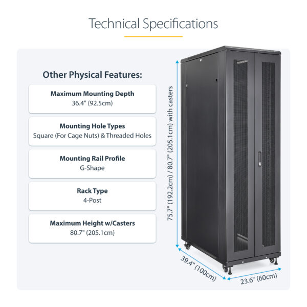 StarTech.com 4-Post 42U Server Rack Cabinet, 19" Data Rack Cabinet for Computer / AV / IT Equipment mount, Rack Server Enclosure with Casters, Full Size Industrial Network Storage