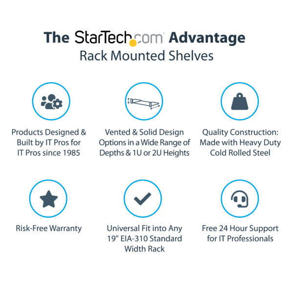 StarTech.com 2U Server Rack Shelf - Universal Vented Rack Mount Cantilever Tray for 19" Network Equipment Rack & Cabinet - Heavy Duty Steel - Weight Capacity 50lb/23kg - 16" Deep Shelf, Black