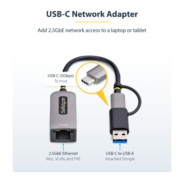 StarTech.com 2.5GbE USB-C to Ethernet Adapter with USB-A Converter, NBASE-T NIC, USB 3.0 Type-C 2.5/1G Multi Speed Network, Thunderbolt Compatible, Windows & Mac