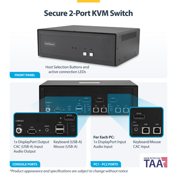 StarTech.com Secure 2-Port KVM Switch, DisplayPort, 4K 30Hz, NIAP 4.0 Desktop KVM, Metal Housing, CAC Port, Made in the USA