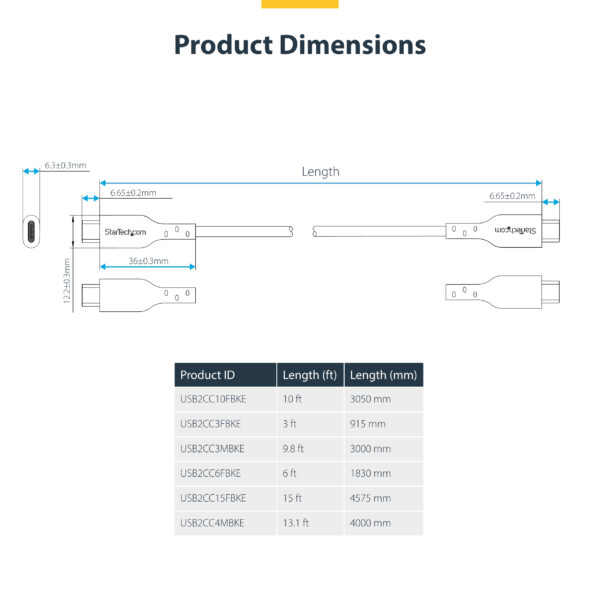 StarTech.com 3m (9.8ft) USB-C Charging Cable, USB C Cable, USB 2.0 Type-C Laptop Charger Cord, 60W 3A Power Delivery, TPE Jacket, USB-C Data Transfer Cable, M/M