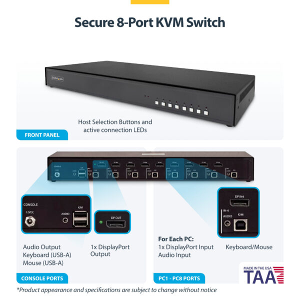 StarTech.com Secure 8-Port KVM Switch, DisplayPort, 4K 30Hz, NIAP 4.0 Desktop KVM, Metal Housing, Made in the USA