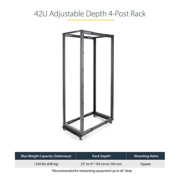 StarTech.com 4-Post 42U Mobile Open Frame Server Rack, Four Post 19" Network Rack with Wheels, Rolling Rack with Adjustable Depth for Computer/AV/Data/IT Equipment - Casters, Leveling Feet or Floor Mounting