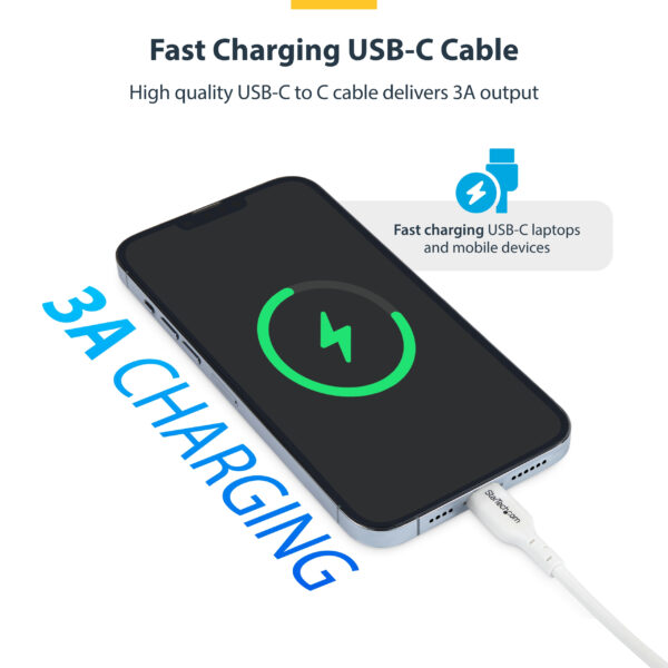 StarTech.com 3m (9.8ft) White USB-C Charging Cable, USB C Cable, USB 2.0 Type-C Laptop Charger Cord, 60W 3A Power Delivery, TPE Jacket, USB-C Data Transfer Cable, M/M