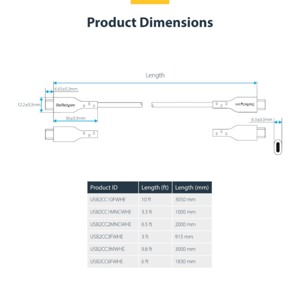 StarTech.com 3m (9.8ft) White USB-C Charging Cable, USB C Cable, USB 2.0 Type-C Laptop Charger Cord, 60W 3A Power Delivery, TPE Jacket, USB-C Data Transfer Cable, M/M