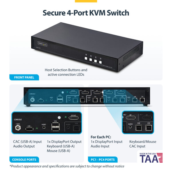 StarTech.com Secure 4-Port KVM Switch, DisplayPort, 4K 30Hz, NIAP 4.0 Desktop KVM, Metal Housing, CAC Port, Made in the USA