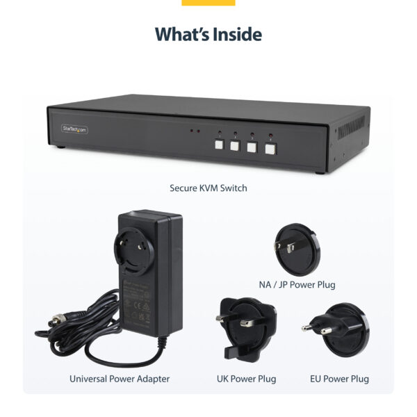StarTech.com Secure 4-Port KVM Switch, DisplayPort, 4K 30Hz, NIAP 4.0 Desktop KVM, Metal Housing, Made in the USA