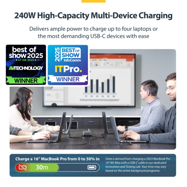 StarTech.com 4-Port Multi-Device USB-C Charger, 240W Total, Single