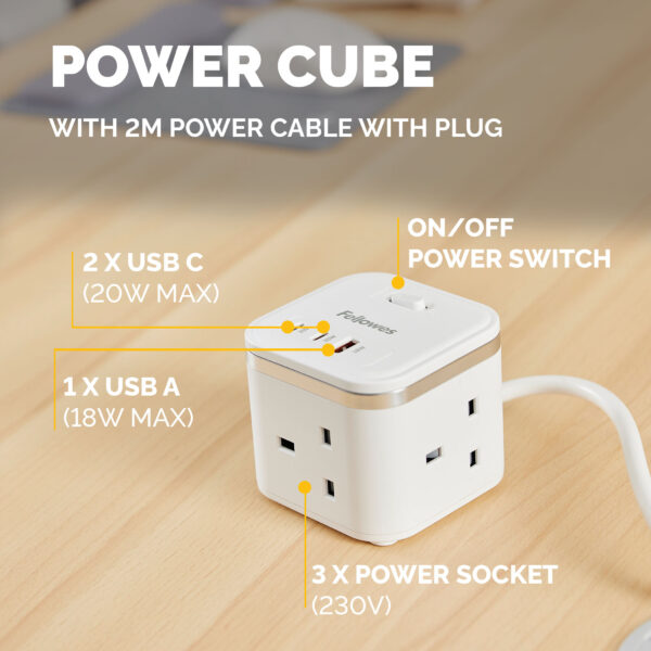 Fellowes Power Cube with 3 Power Socket Extension USB-A & USB-C Ports Fellowes Power Cube with 3 Power Socket Extension USB-A & USB-C Ports