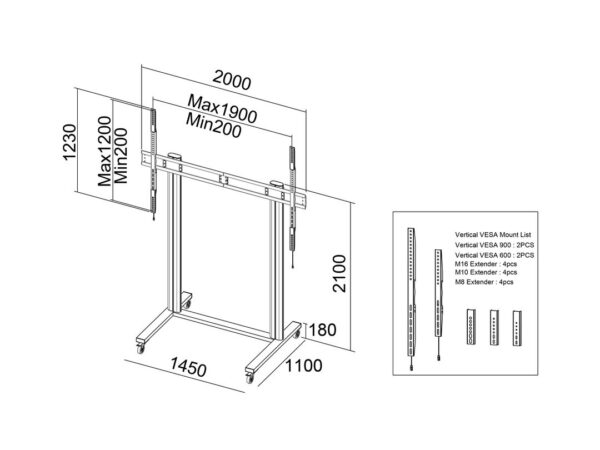 STAND 210 DUAL PILLAR 150KG WHEELS