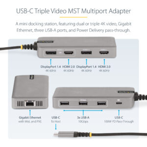 StarTech.com USB-C Triple Monitor Multiport Adapter, Dual 4K 60Hz +