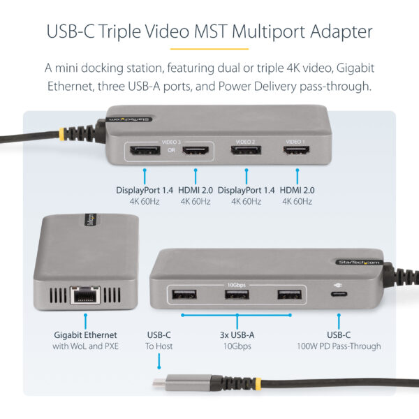 StarTech.com USB-C Triple Monitor Multiport Adapter, Dual 4K 60Hz +