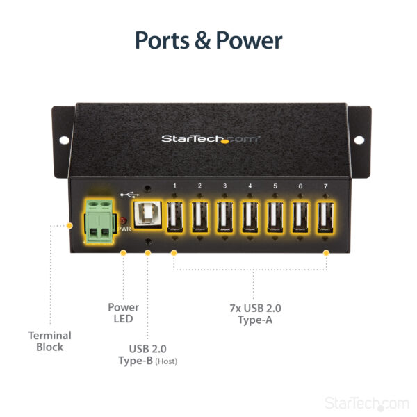 StarTech.com 7-Port USB 2.0 Hub - Metal Industrial USB-A Hub with ESD