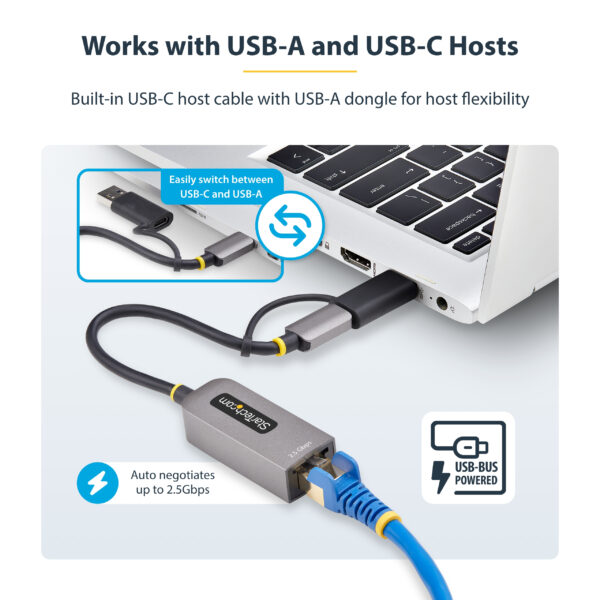 StarTech.com 2.5GbE USB-C to Ethernet Adapter with USB-A Converter,