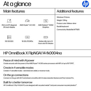 HP OmniBook X FlipNGAI 14-fk0004na Copilot+ PC AMD Ryzen™ AI 5 340 14-FK0004NA RAI 5 340 16GB 512GB SLV