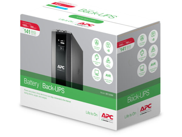 APC Back-UPS Pro, 1300VA/780W, Tower, 230V, 8x IEC C13 outlets, AVR, APC Back-UPS Pro, 1300VA/780W, Tower, 230V, 8x IEC C13 outlets, AVR, LCD, User Replaceable Battery
