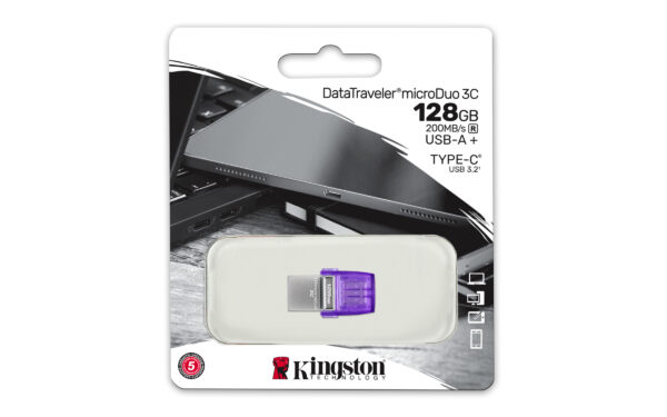 Kingston 128GB DataTraveler microDuo 3C USB-A & USB-C 3.2 Gen1 Memory Pen, Rotating Cap, 200MB/s