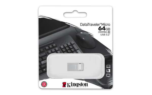 Kingston 64GB DataTraveler Micro Ultra-Small USB 3.2 Gen1 Memory Pen, Capless, Metal Casing, 200MB/s