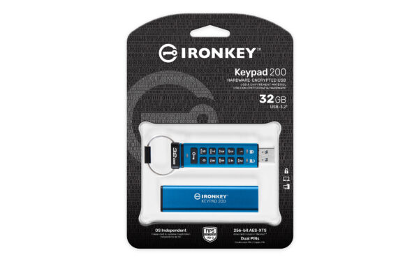 Kingston 32GB IronKey Keypad 200 Memory Pen, USB-A 3.2 Gen1, FIPS 140-3 w/ XTS-AES 256-bit Hardware Encryption, Alphanumeric PIN, R/W 145/115 MB/s