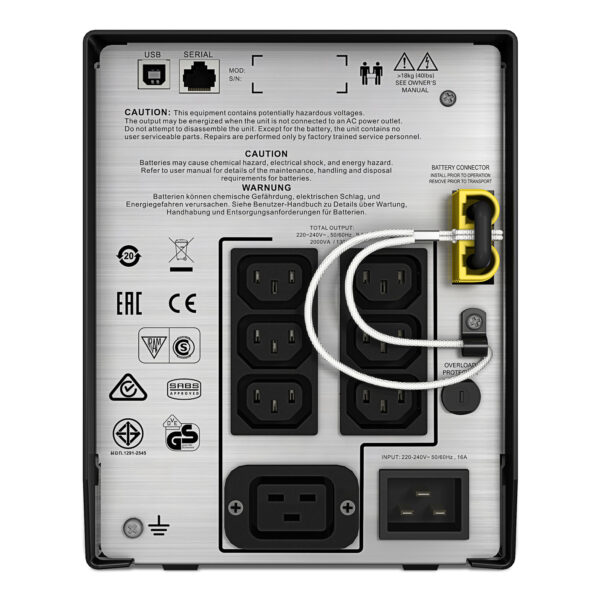 APC Smart-UPS C, Line Interactive, 2000VA, Tower, 230V, 6x IEC C13+1x APC Smart-UPS C, Line Interactive, 2000VA, Tower, 230V, 6x IEC C13+1x IEC C19 outlets, USB and Serial communication, AVR, Graphic LCD