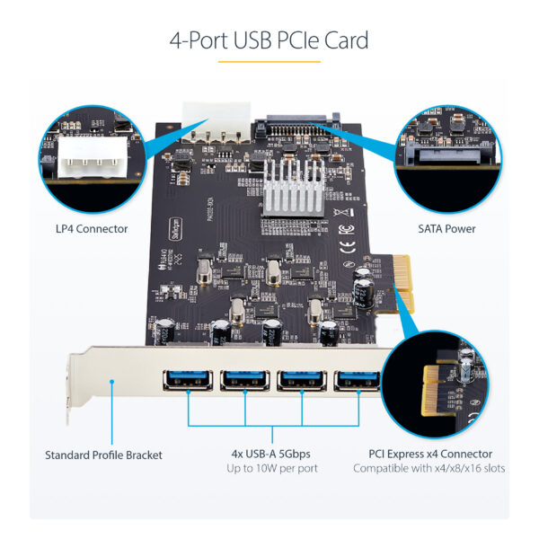 StarTech.com 4-Port USB PCIe Card, USB 3.2 5Gbps, PCI Express