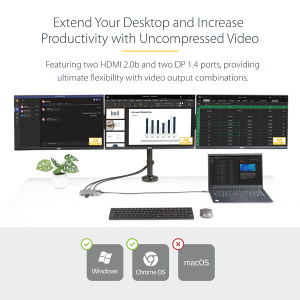 StarTech.com USB-C Triple Monitor Multiport Adapter, Dual 4K 60Hz +