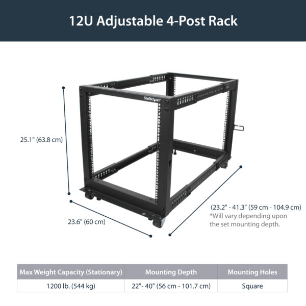 StarTech.com 4-Post 12U Mobile Open Frame Server Rack, Four Post 19"