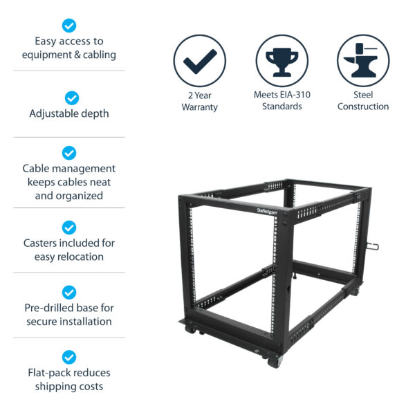 StarTech.com 4-Post 12U Mobile Open Frame Server Rack, Four Post 19"
