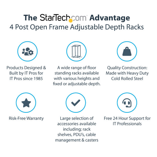 StarTech.com 4-Post 15U Mobile Open Frame Server Rack, Four Post 19"
