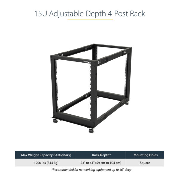 StarTech.com 4-Post 15U Mobile Open Frame Server Rack, Four Post 19"