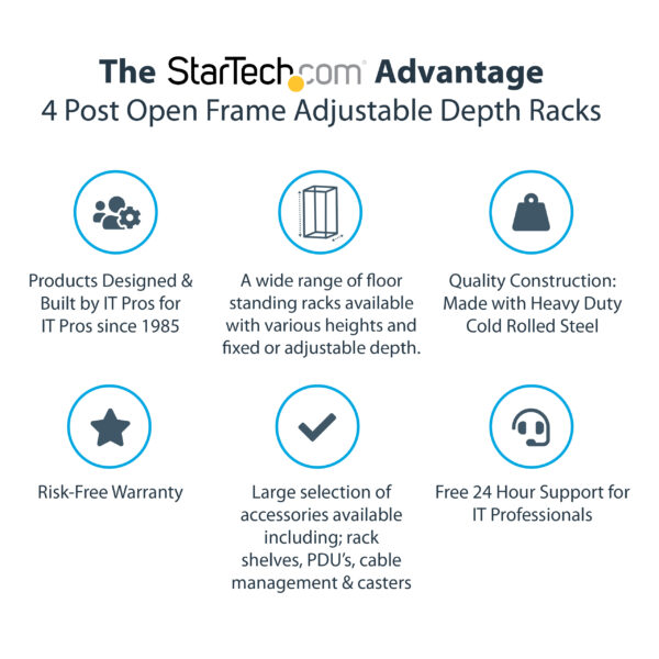 StarTech.com 4-Post 15U Mobile Open Frame Server Rack, Four Post 19"