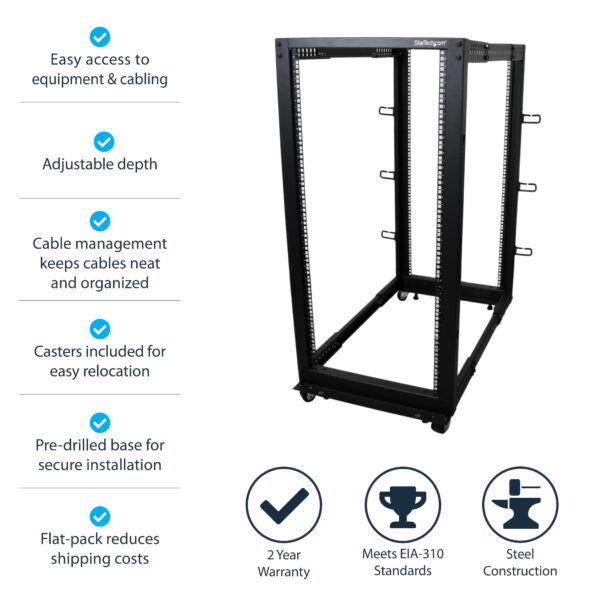 StarTech.com 4-Post 25U Mobile Open Frame Server Rack, Four Post 19in