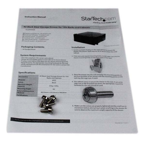 StarTech.com 4U Black Steel Storage Drawer for 19in Racks and Cabinets StarTech.com 4U Black Steel Storage Drawer for 19in Racks and Cabinets