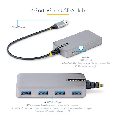 StarTech.com 4-Port USB Hub - USB 3.0 5Gbps, Bus Powered, USB-A to 4x