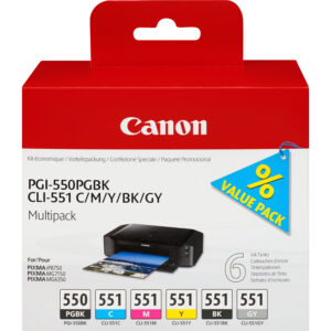 Canon PGI-550/CLI-551 PGBK/C/M/Y/BK/GY 6 Ink Cartridge Multipack Canon PGI-550/CLI-551 PGBK/C/M/Y/BK/GY 6 Ink Cartridge Multipack
