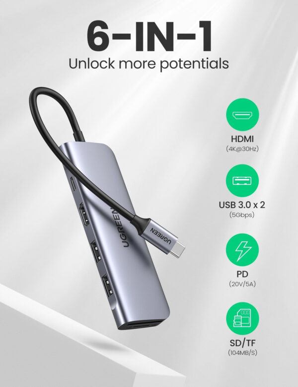 Ugreen 6-in-1 USB C PD USB 3.2 Gen 1 (3.1 Gen 1) Type-C Silver Ugreen 6-in-1 USB C PD USB 3.2 Gen 1 (3.1 Gen 1) Type-C Silver