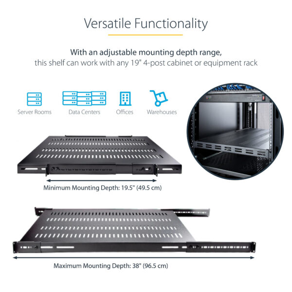 StarTech.com 1U 4-Post Adjustable Vented Server Rack Mount Shelf StarTech.com 1U 4-Post Adjustable Vented Server Rack Mount Shelf