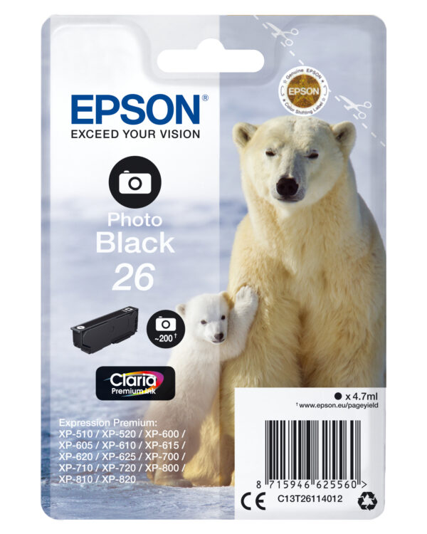 Epson Polar bear Singlepack Photo Black 26 Claria Premium Ink Epson Polar bear Singlepack Photo Black 26 Claria Premium Ink