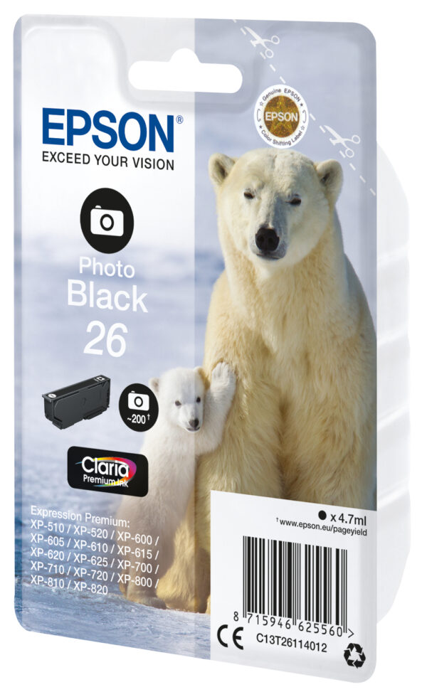 Epson Polar bear Singlepack Photo Black 26 Claria Premium Ink Epson Polar bear Singlepack Photo Black 26 Claria Premium Ink