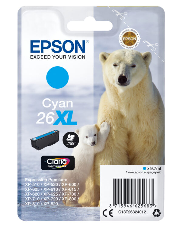 Epson Polar bear Singlepack Cyan 26XL Claria Premium Ink Epson Polar bear Singlepack Cyan 26XL Claria Premium Ink