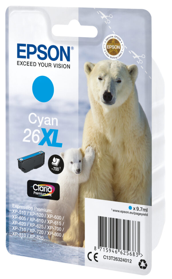 Epson Polar bear Singlepack Cyan 26XL Claria Premium Ink Epson Polar bear Singlepack Cyan 26XL Claria Premium Ink
