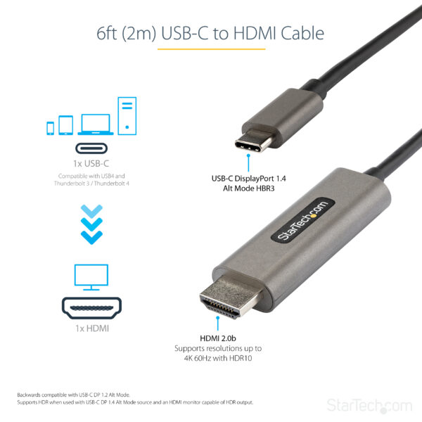 StarTech.com 6ft (2m) USB C to HDMI Cable 4K 60Hz w/ HDR10 - Ultra HD StarTech.com 6ft (2m) USB C to HDMI Cable 4K 60Hz w/ HDR10 - Ultra HD